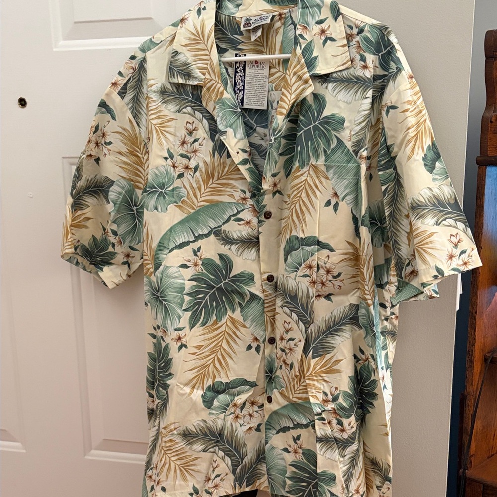 Aloha Republic Tropical Leaf Print Hawaiian Shirt - Cream, Green & Tan